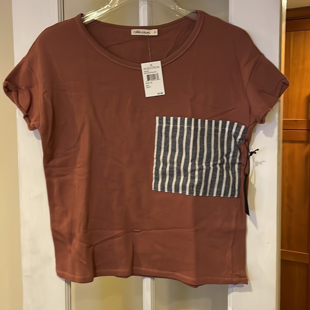 Chloe & Katie Relaxed Antique Blush Tee With Contrasting Striped Pocket, Size M